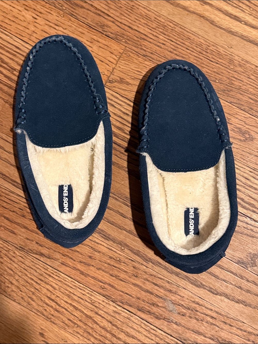 Lands' End Navy Suede Slip-On Moccasins with Cream Fleece Lining